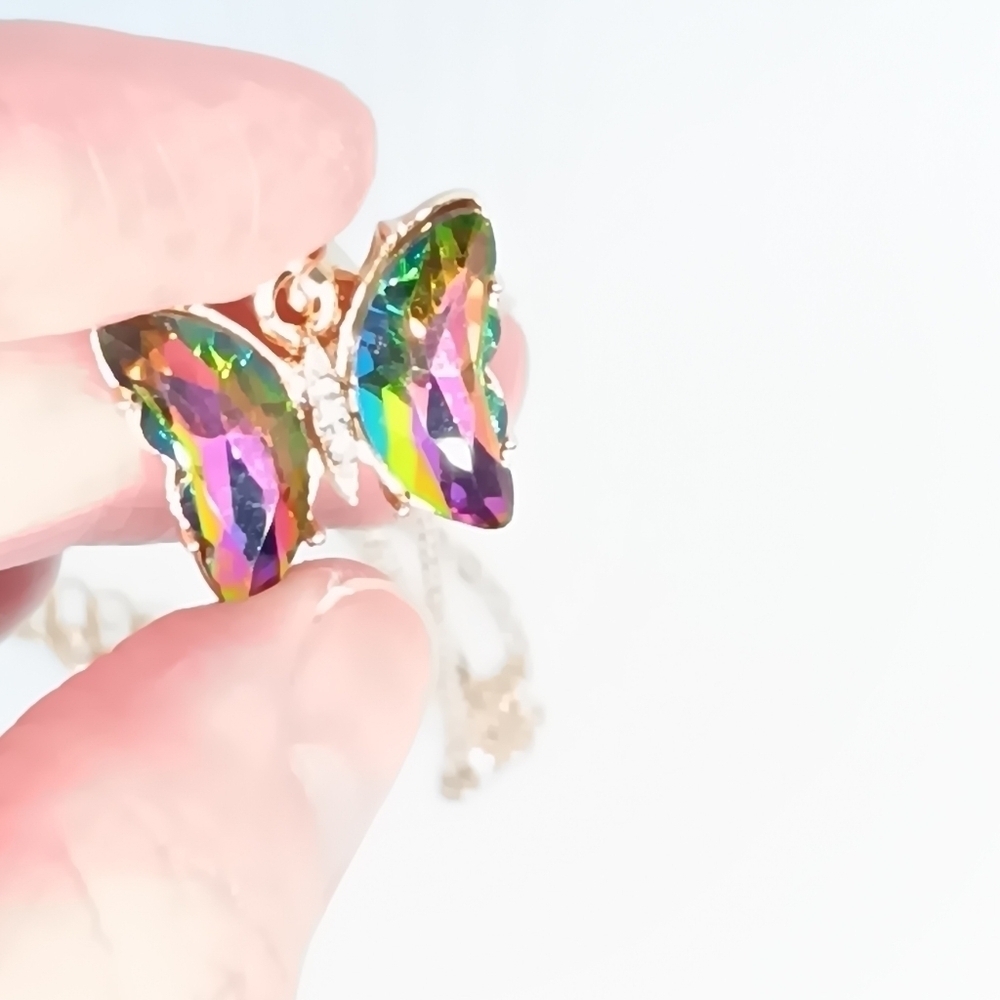 Shiny Cut Faux Gemstone Butterfly Pendant Necklace Fairycore Dainty Whimsy Boho